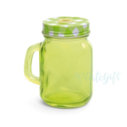 Caneca Mason Jar 120ML  Tampa Verde Xadrez c\ Furo