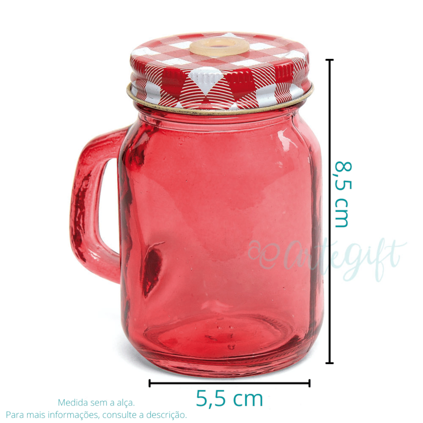 Caneca Mason Jar 120ML  Tampa Vermelha Xadrez c\ Furo