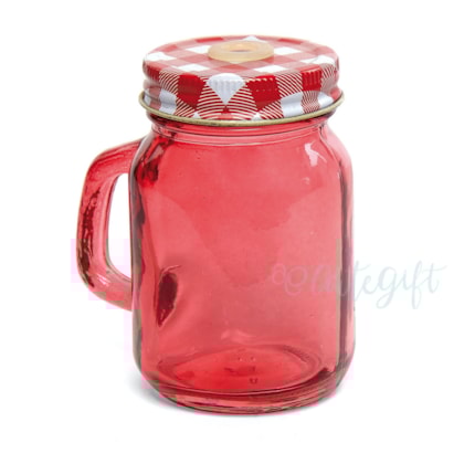 Caneca Mason Jar 120ML  Tampa Vermelha Xadrez c\ Furo