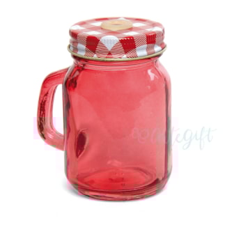 Caneca Mason Jar 120ML Tampa Vermelha Xadrez c\ Furo