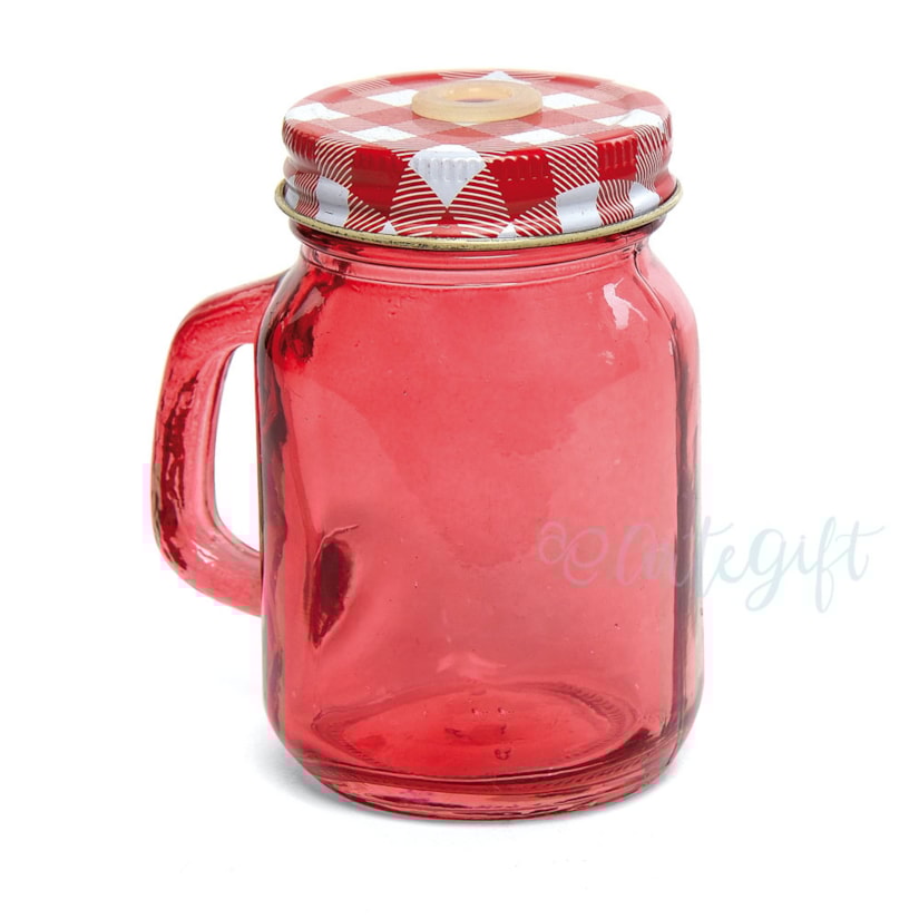 Caneca Mason Jar 120ML Tampa Vermelha Xadrez c\ Furo