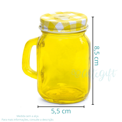 Caneca Mason Jar Amarela 120ML  Tampa Amarela Xadrez c\ Furo