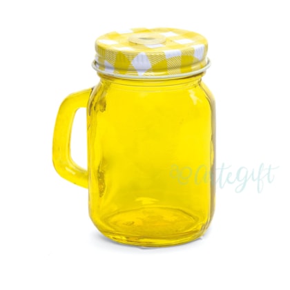 Caneca Mason Jar Amarela 120ML Tampa Amarela Xadrez c\ Furo