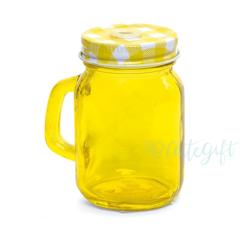 Caneca Mason Jar Amarela 120ML  Tampa Amarela Xadrez c\ Furo