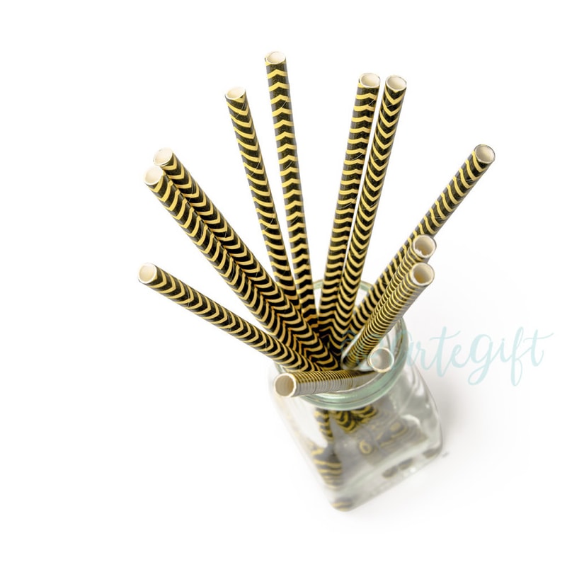 Canudo de Papel Chevron Preto e Amarelo