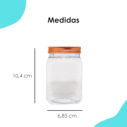 Pote PET Quadrado 350ML  Tampa Rose Gold